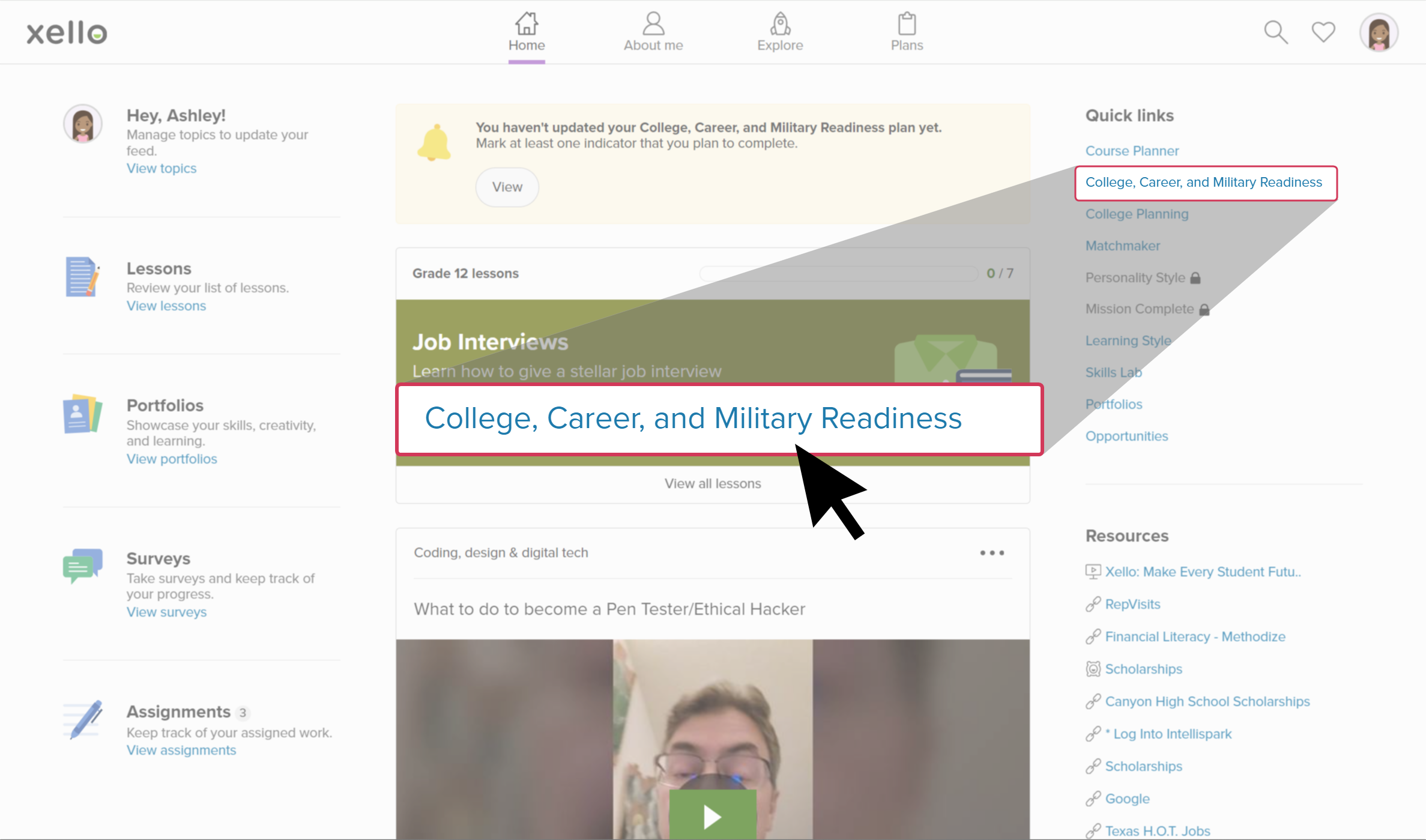 Student Dashboard with College, Career & Military Readiness Indicators highlighted